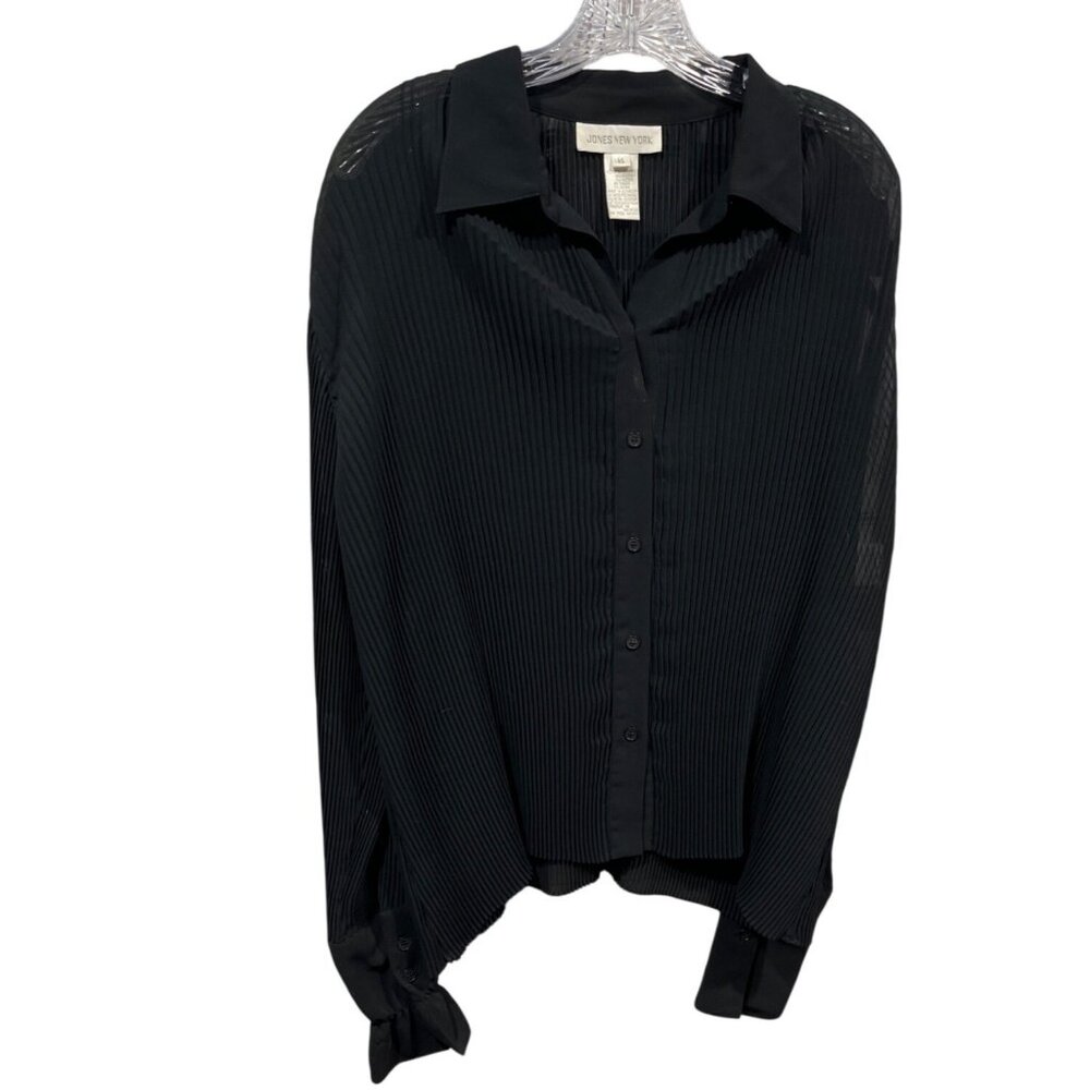 Jones New York Black Pleated Button-Up Blouse Size 14 Womens Polyester DH15
